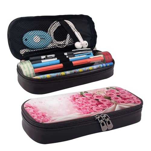 ZAQXSWCDEV Federmäppchen aus rosafarbenem Leder, stilvolles braunes Federmäppchen aus PU-Leder, mit Reißverschluss und doppelseitigem Druck, perfekt für Schule, Büro, Reisen, Federmäppchen, Schwarz von ZAQXSWCDEV