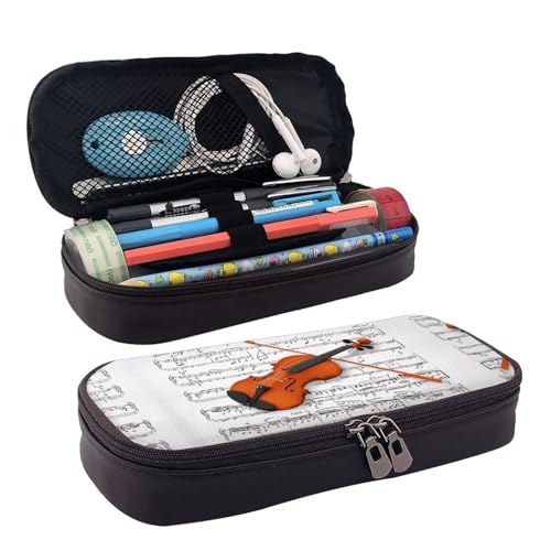 ZAQXSWCDEV Federmäppchen für Violine, Leder, stilvolles braunes Federmäppchen aus PU-Leder, mit Reißverschluss und doppelseitigem Druck, perfekt für Schule, Büro, Reisen, Federmäppchen, Schwarz von ZAQXSWCDEV
