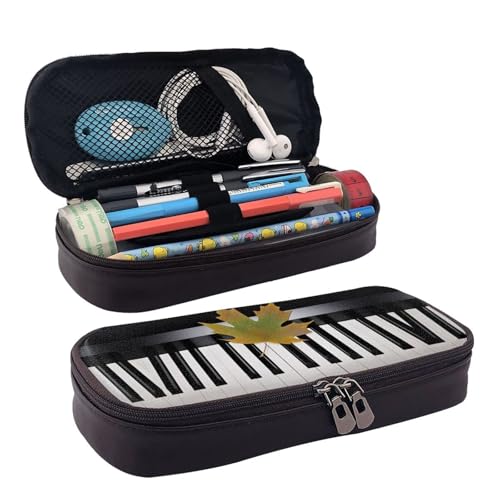 ZAQXSWCDEV Federmäppchen mit Musiknoten-Klavier-Leder, stilvolles braunes PU-Leder-Federmäppchen mit Reißverschluss und doppelseitigem Druck, perfekt für Schule, Büro, Reisen, Federmäppchen, Schwarz von ZAQXSWCDEV