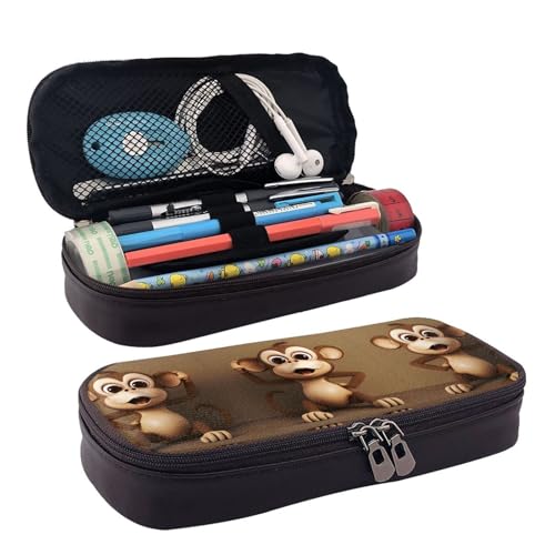 ZAQXSWCDEV Federmäppchen mit niedlichem Affen-Motiv, stilvolles braunes PU-Leder Federmäppchen mit Reißverschluss und doppelseitigem Druck, perfekt für Schule, Büro, Reisen, Federmäppchen, Schwarz von ZAQXSWCDEV