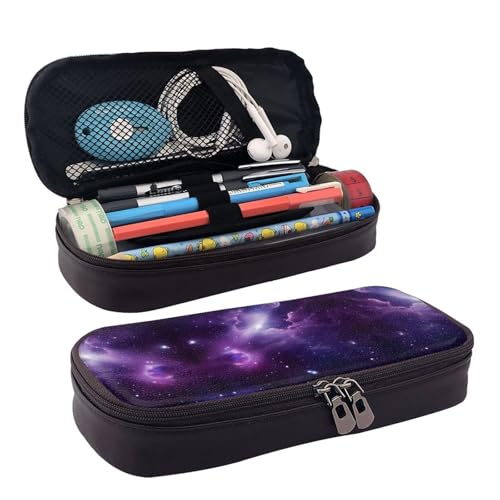 ZAQXSWCDEV Galaxy Starry Space Lila Leder Federmäppchen – Stilvolles braunes PU-Leder Federmäppchen mit Reißverschluss und doppelseitigem Druck – perfekt für Schule, Büro, Reisen, Federmäppchen von ZAQXSWCDEV