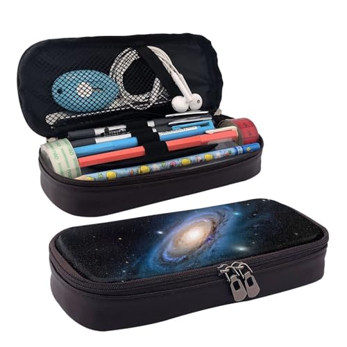 ZAQXSWCDEV Galaxy Universe Stars Leder Federmäppchen - Stilvolles braunes PU-Leder Federmäppchen mit Reißverschluss und doppelseitigem Druck - Perfekt für Schule, Büro, Reisen, Federmäppchen, Schwarz von ZAQXSWCDEV