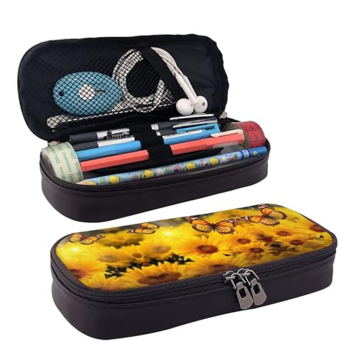 ZAQXSWCDEV Gelbe Blumen Schmetterlinge Leder Federmäppchen – Stilvolles braunes PU-Leder Federmäppchen mit Reißverschluss und doppelseitigem Druck – perfekt für Schule, Büro, Reisen, Federmäppchen von ZAQXSWCDEV