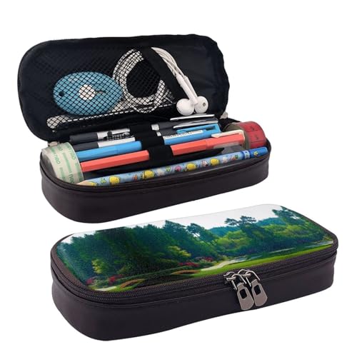 ZAQXSWCDEV Golfplatz-Leder-Federmäppchen – Stilvolles braunes Federmäppchen aus PU-Leder mit Reißverschluss und doppelseitigem Druck – perfekt für Schule, Büro, Reisen, Federmäppchen, Schwarz von ZAQXSWCDEV