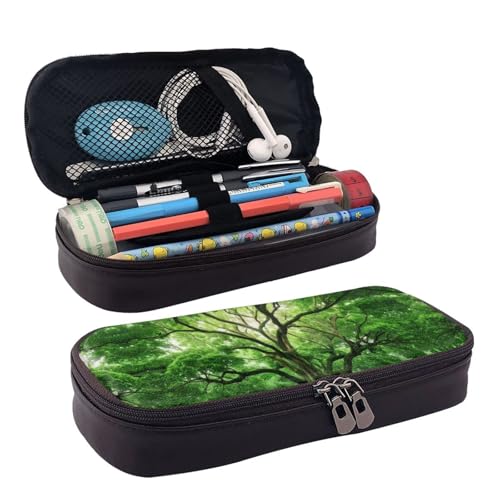 ZAQXSWCDEV Grünes Kampferbaum-Leder-Federmäppchen – Stilvolles braunes PU-Leder Federmäppchen mit Reißverschluss und doppelseitigem Druck – perfekt für Schule, Büro, Reisen, Federmäppchen, Schwarz von ZAQXSWCDEV