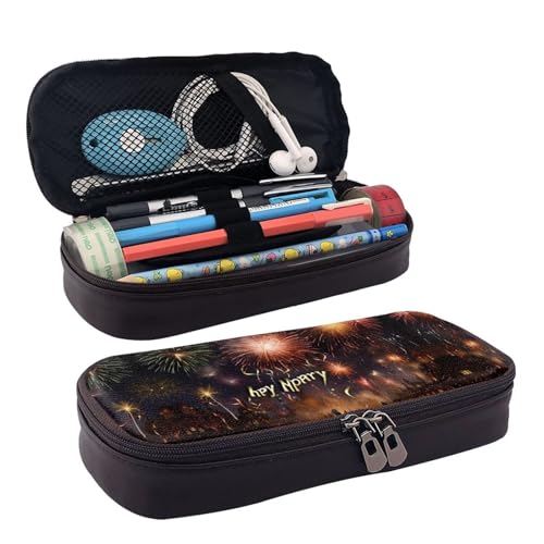 ZAQXSWCDEV Happy New Year Federmäppchen aus Leder, stilvolles braunes PU-Leder Federmäppchen mit Reißverschluss und doppelseitigem Druck, perfekt für Schule, Büro, Reisen, Federmäppchen, Schwarz von ZAQXSWCDEV