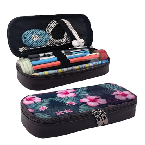 ZAQXSWCDEV Hawaii Federmäppchen mit rosa Blumenmuster, stilvolles braunes PU-Leder Federmäppchen mit Reißverschluss und doppelseitigem Druck, perfekt für Schule, Büro, Reisen, Federmäppchen, Schwarz von ZAQXSWCDEV
