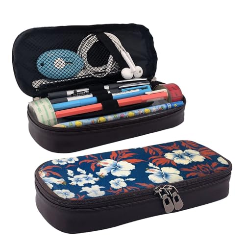 ZAQXSWCDEV Hawaii Flower Leder Federmäppchen - Stilvolles braunes PU-Leder Federmäppchen mit Reißverschluss und doppelseitigem Druck - Perfekt für Schule, Büro, Reisen, Federmäppchen, Schwarz von ZAQXSWCDEV