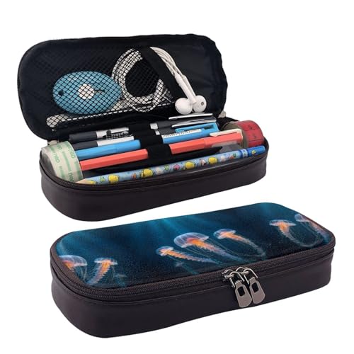 ZAQXSWCDEV Jellyfish (4) Federmäppchen aus Leder, stilvolles braunes PU-Leder Federmäppchen mit Reißverschluss und doppelseitigem Druck, perfekt für Schule, Büro, Reisen, Federmäppchen, Schwarz von ZAQXSWCDEV