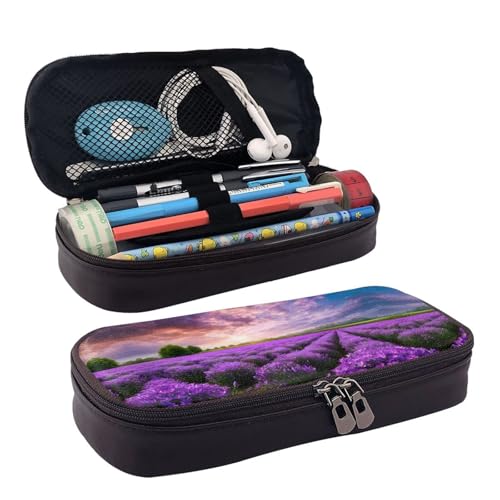 ZAQXSWCDEV Lavender Fields Federmäppchen aus Leder, stilvolles braunes Federmäppchen aus PU-Leder, mit Reißverschluss und doppelseitigem Druck, perfekt für Schule, Büro, Reisen, Federmäppchen, Schwarz von ZAQXSWCDEV