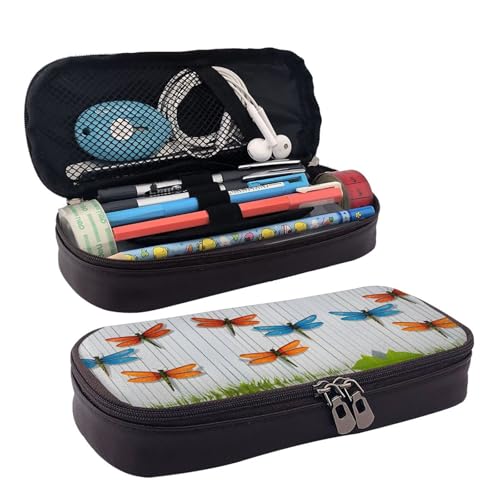 ZAQXSWCDEV Libellenzaun-Leder-Federmäppchen – Stilvolles braunes Federmäppchen aus PU-Leder mit Reißverschluss und doppelseitigem Druck – perfekt für Schule, Büro, Reisen, Federmäppchen, Schwarz von ZAQXSWCDEV