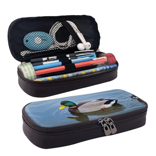 ZAQXSWCDEV Mallard Ducks (3) Federmäppchen aus Leder – Stilvolles braunes Federmäppchen aus PU-Leder mit Reißverschluss und doppelseitigem Druck – perfekt für Schule, Büro, Reisen, Federmäppchen von ZAQXSWCDEV