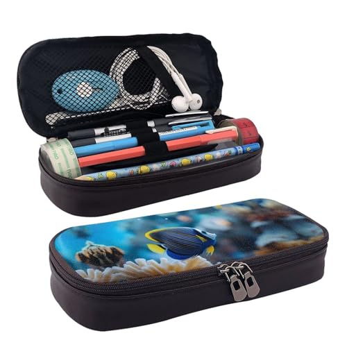 ZAQXSWCDEV Marine Life Federmäppchen aus Leder, stilvolles braunes Federmäppchen aus PU-Leder, mit Reißverschluss und doppelseitigem Druck, perfekt für Schule, Büro, Reisen, Federmäppchen, Schwarz von ZAQXSWCDEV