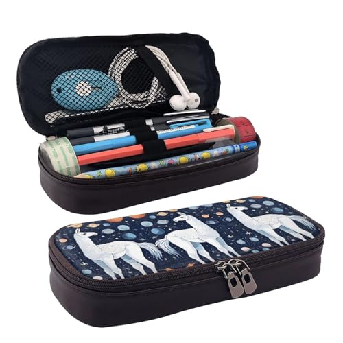 ZAQXSWCDEV Niedliches Federmäppchen aus PU-Leder mit Llama-Blumenmuster, stilvolles braunes Federmäppchen mit Reißverschluss und doppelseitigem Druck, perfekt für Schule, Büro, Reisen, Federmäppchen von ZAQXSWCDEV