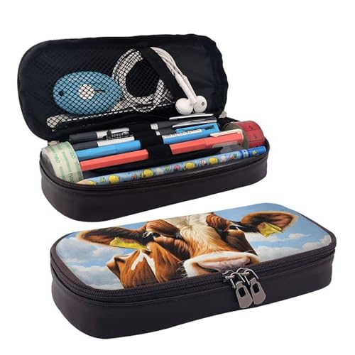 ZAQXSWCDEV Niedliches Federmäppchen aus Rindsleder, stilvolles braunes Federmäppchen aus PU-Leder, mit Reißverschluss und doppelseitigem Druck, perfekt für Schule, Büro, Reisen, Federmäppchen, Schwarz von ZAQXSWCDEV