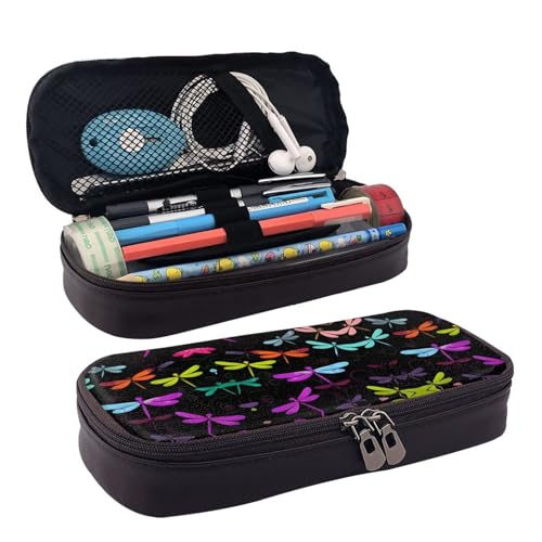 ZAQXSWCDEV Niedliches Libellen-Leder-Federmäppchen – Stilvolles braunes PU-Leder Federmäppchen mit Reißverschluss und doppelseitigem Druck – perfekt für Schule, Büro, Reisen, Federmäppchen, Schwarz von ZAQXSWCDEV