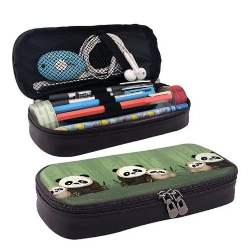 ZAQXSWCDEV Niedliches Panda-Leder-Federmäppchen – Stilvolles braunes Federmäppchen aus PU-Leder mit Reißverschluss und doppelseitigem Druck – perfekt für Schule, Büro, Reisen, Federmäppchen, Schwarz von ZAQXSWCDEV