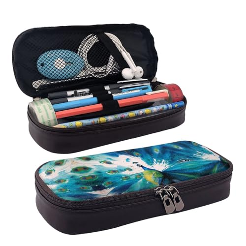 ZAQXSWCDEV Niedliches Pfauenleder-Federmäppchen – Stilvolles braunes Federmäppchen aus PU-Leder mit Reißverschluss und doppelseitigem Druck – perfekt für Schule, Büro, Reisen, Federmäppchen, Schwarz von ZAQXSWCDEV