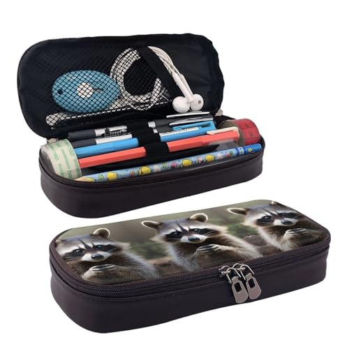 ZAQXSWCDEV Niedliches Waschbär-Leder-Federmäppchen – Stilvolles braunes Federmäppchen aus PU-Leder mit Reißverschluss und doppelseitigem Druck – perfekt für Schule, Büro, Reisen, Federmäppchen von ZAQXSWCDEV