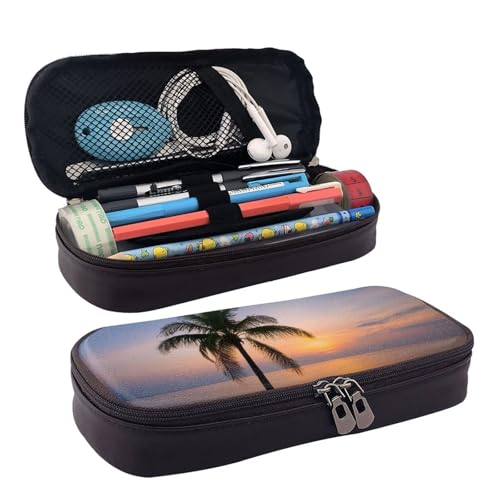 ZAQXSWCDEV Palme (1) Federmäppchen aus Leder – stilvolles braunes PU-Leder Federmäppchen mit Reißverschluss und doppelseitigem Druck – perfekt für Schule, Büro, Reisen, Federmäppchen, Schwarz von ZAQXSWCDEV