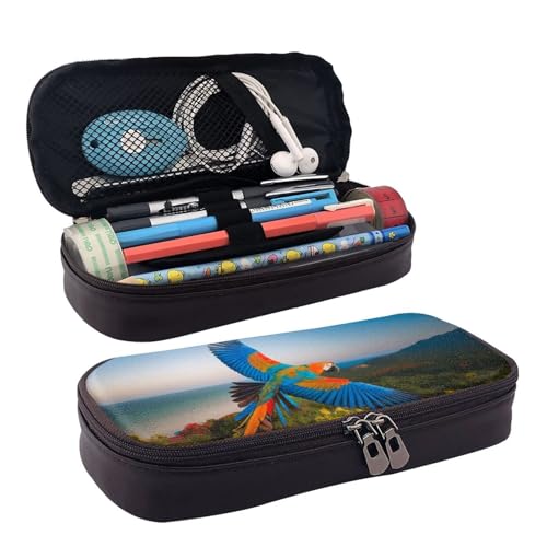 ZAQXSWCDEV Papageien (1) Federmäppchen aus Leder – Stilvolles braunes Federmäppchen aus PU-Leder mit Reißverschluss und doppelseitigem Druck – perfekt für Schule, Büro, Reisen, Federmäppchen, Schwarz von ZAQXSWCDEV