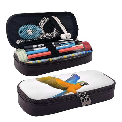 ZAQXSWCDEV Papageien (2) Federmäppchen aus Leder – Stilvolles braunes Federmäppchen aus PU-Leder mit Reißverschluss und doppelseitigem Druck – perfekt für Schule, Büro, Reisen, Federmäppchen, Schwarz von ZAQXSWCDEV