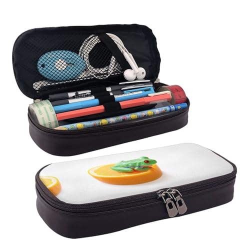 ZAQXSWCDEV Peace Tree Frog (2) Federmäppchen aus Leder, stilvolles braunes PU-Leder Federmäppchen mit Reißverschluss und doppelseitigem Druck, perfekt für Schule, Büro, Reisen, Federmäppchen, Schwarz von ZAQXSWCDEV