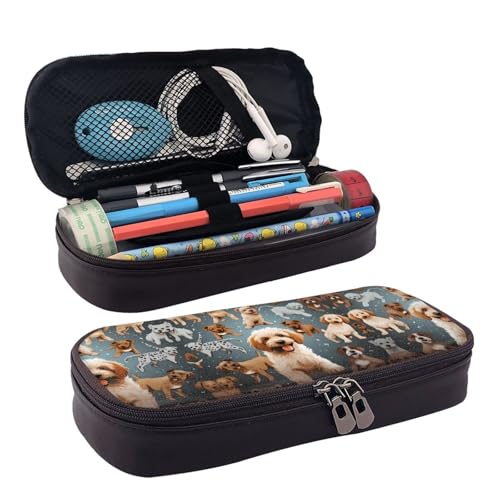ZAQXSWCDEV Puppy Doodles Federmäppchen aus Leder, stilvolles braunes Federmäppchen aus PU-Leder, mit Reißverschluss und doppelseitigem Druck, perfekt für Schule, Büro, Reisen, Federmäppchen, Schwarz von ZAQXSWCDEV