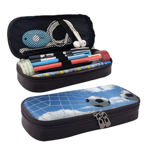 ZAQXSWCDEV Soccer (1) Federmäppchen aus Leder – stilvolles braunes PU-Leder Federmäppchen mit Reißverschluss und doppelseitigem Druck – perfekt für Schule, Büro, Reisen, Federmäppchen, Schwarz von ZAQXSWCDEV
