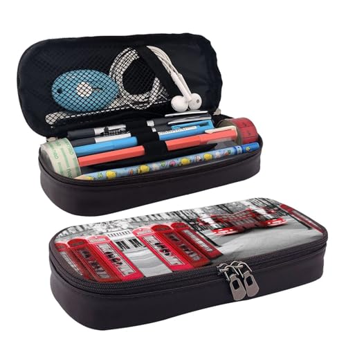 ZAQXSWCDEV Telefonzelle Leder-Federmäppchen – Stilvolles braunes Federmäppchen aus PU-Leder mit Reißverschluss und doppelseitigem Druck – perfekt für Schule, Büro, Reisen, Federmäppchen, Schwarz von ZAQXSWCDEV