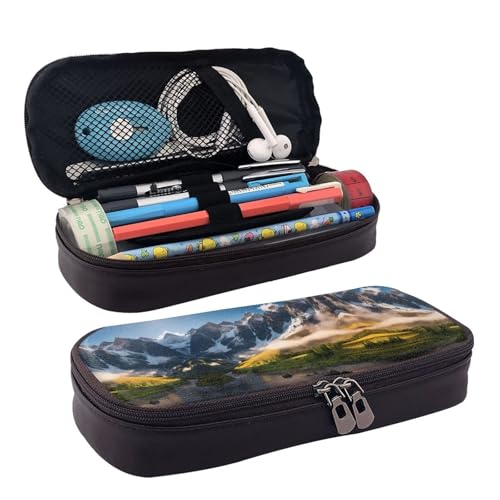 ZAQXSWCDEV Travel Mountain Scenery Leder-Federmäppchen, stilvolles braunes PU-Leder-Federmäppchen mit Reißverschluss und doppelseitigem Druck, perfekt für Schule, Büro, Reisen, Federmäppchen, Schwarz von ZAQXSWCDEV
