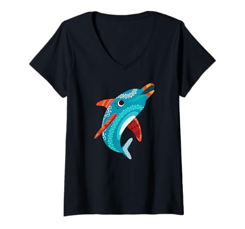 Damen Bunte Delfine, Meer, Ozean, Tier T-Shirt mit V-Ausschnitt Damen Bunte Delfine, Meer, Ozean, Tier T-Shirt mit V-Ausschnitt von ZAR Prints.