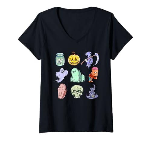 Damen Elemente von Halloween Skull Ghost Pumpkin T-Shirt mit V-Ausschnitt Damen Elemente von Halloween Skull Ghost Pumpkin T-Shirt mit V-Ausschnitt von ZAR Prints.