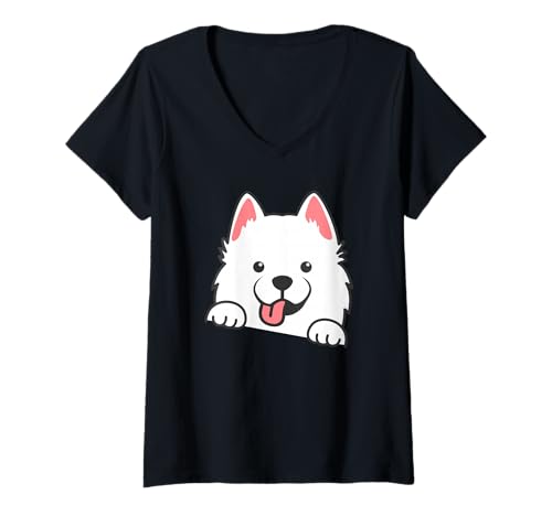 Damen Guckender Samojede-Hundekopf T-Shirt mit V-Ausschnitt Damen Guckender Samojede-Hundekopf T-Shirt mit V-Ausschnitt von ZAR Prints.