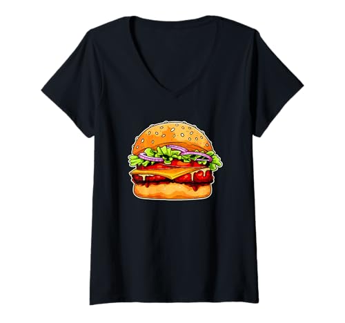 Damen Hamburger Cheeseburger Burger T-Shirt mit V-Ausschnitt Damen Hamburger Cheeseburger Burger T-Shirt mit V-Ausschnitt von ZAR Prints.