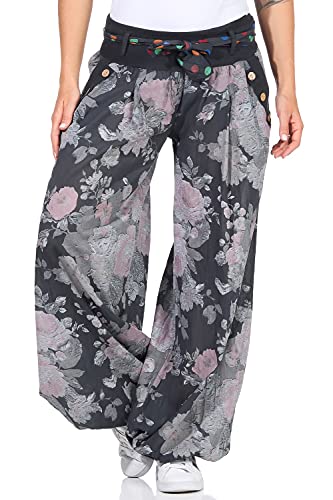 Moda Italy Damen Haremshose Pumphose Ballonhose Pluderhose Yogahose Aladinhose Harem Sommerhose mit Stoffgürtel Flower-Print, One Size Gr.36-42, Anthrazit von Redify