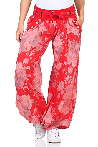 Moda Italy Damen Haremshose Pumphose Ballonhose Pluderhose Yogahose Aladinhose Harem Sommerhose mit Stoffgürtel Flower-Print, One Size Gr.36-42, Rot von ZARMEXX Fashion