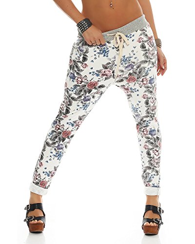 Zarmexx Damen Sweatpants Baggy Hose Boyfriend Freizeithose Sporthose All-Over Roses Print One Size (weiss2, One Size) von ZARMEXX Fashion