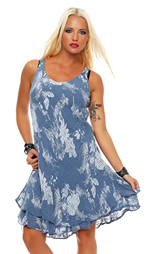 ZARMEXX Damen Sommerkleid Knielang ärmelloses Baumwoll Kleid Strandkleid V-Ausschnitt floraler All-Over Print (Jeansblau, Gr.38-42) von ZARMEXX