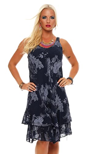 ZARMEXX Damen Sommerkleid Knielang ärmelloses Baumwoll Kleid Strandkleid V-Ausschnitt floraler All-Over Print (Navy, Gr.38-42) von ZARMEXX