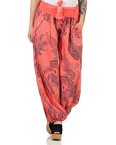 Zarmexx Damen Pumphose Haremshose Sommerhose Aladinhose Strandhose Fantasy-Print Baumwollhose (Einheitsgröße: 36-40, lachs) von ZARMEXX Fashion