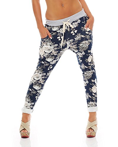 Zarmexx Damen Sweatpants Baggy Hose Boyfriend Freizeithose Sporthose All-Over Roses Print One Size (blau, One Size) von ZARMEXX