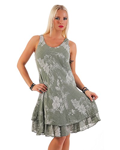 ZARMEXX Damen Sommerkleid Knielang ärmelloses Baumwoll Kleid Strandkleid V-Ausschnitt floraler All-Over Print (Armee, Gr.38-42) von ZARMEXX