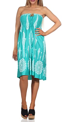 Damen Sommerkleid Bandeau Neckholder Minikleid schulterfrei Muster Boho-Stil Casual Mini Strandkleider (Mint, 34-40) von ZARMEXX