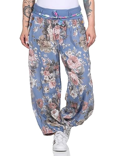 ZARMEXX Damen Haremshose Pumphose Ballonhose Pluderhose Yogahose Aladinhose Harem leichte Sommerhose mit Stoffgürtel (Jeansblau, 36-42) von ZARMEXX