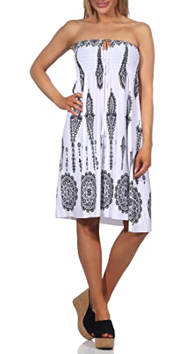 Damen Sommerkleid Bandeau Neckholder Minikleid schulterfrei Muster Boho-Stil Casual Mini Strandkleider (Weiss, 34-40) von ZARMEXX
