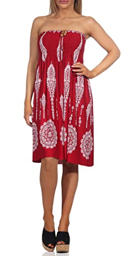 Damen Sommerkleid Bandeau Neckholder Minikleid schulterfrei Muster Boho-Stil Casual Mini Strandkleider (rot, 34-40) von ZARMEXX