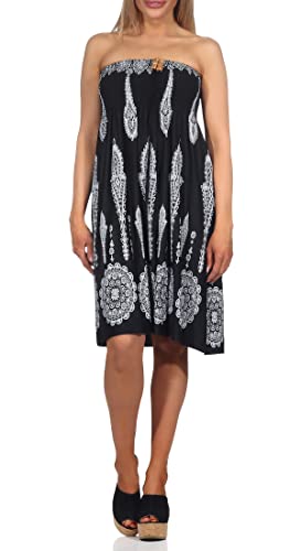 Damen Sommerkleid Bandeau Neckholder Minikleid schulterfrei Muster Boho-Stil Casual Mini Strandkleider (schwarz, 34-40) von ZARMEXX