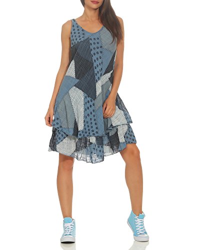 ZARMEXX Damen Sommerkleid Strand Kleid Patchwork-Print Ärmellos doppellagig A-Linie Jeansblau One Size (36-40) von ZARMEXX