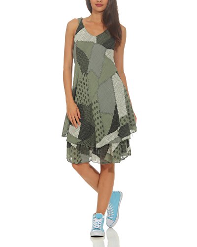 ZARMEXX Damen Sommerkleid Strand Kleid Patchwork-Print Ärmellos doppellagig A-Linie Armee One Size (36-40) von ZARMEXX